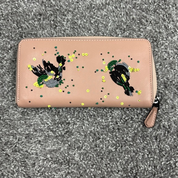 Coach Meadowlark Songbird Large Accordion Women Beading Stitching Leather Wallet - Picture 2 of 16